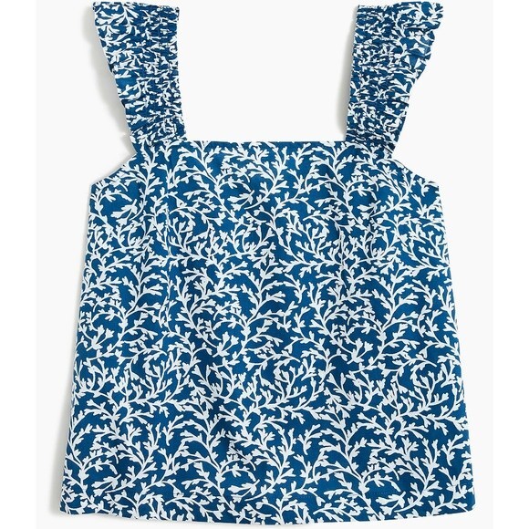 NWT J. Crew Smocked Ruffled-Shoulder Tank Seaport Blue - Size Large - Picture 1 of 7